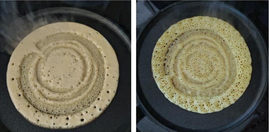 Dosa cooking in a non stick pan.