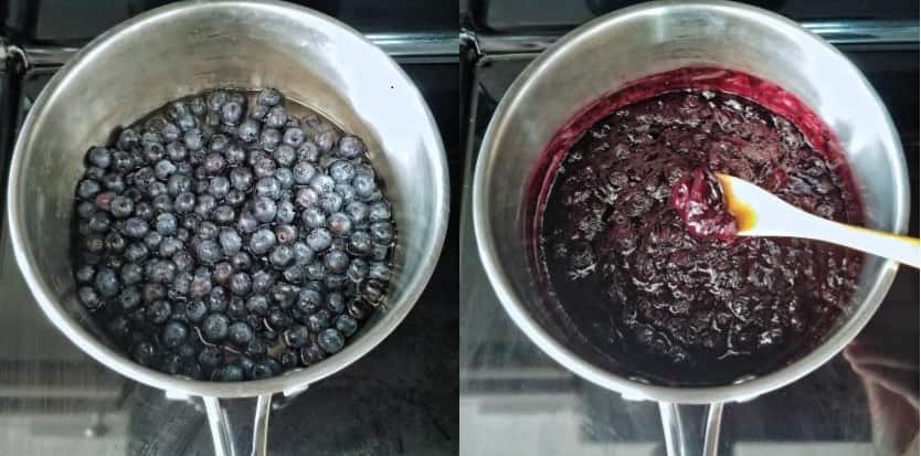 Preparation of Blueberry reduction sauce on a stove.